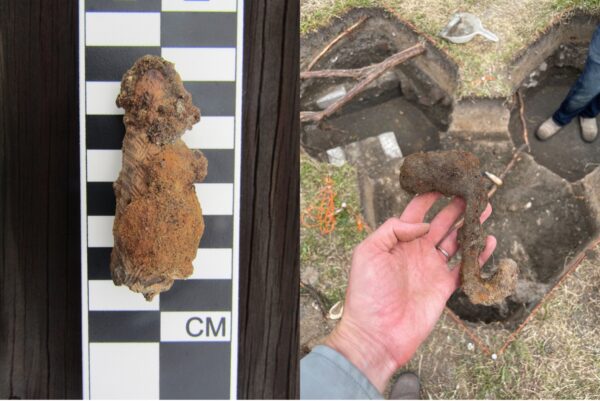 On the left side, a bone utensil handle with carved cross hatching is nearly encrusted with iron rust. Handle is approximately 7 cm long. On the right side, an archaeologist holds a rusty iron hook over an archaeology site. The hook is robust and slightly smaller than the archaeologist’s hand.