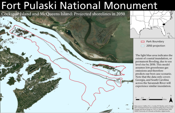 Map showing Fort Pulaski National Monument’s boundaries in red contrasted with areas projected to be inundated by sea level rise by 2050. This model is the best case scenario. McQueen’s Island is nearly entirely inundated, and about half of Cockspur Island is inundated. 